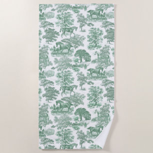 Toalha De Praia Elegante Toile de Jouy Verde Oliva Cavalos Brancos