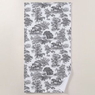 Toalha De Praia Elegante Toile Rústico Preto e Branco Cavalos 