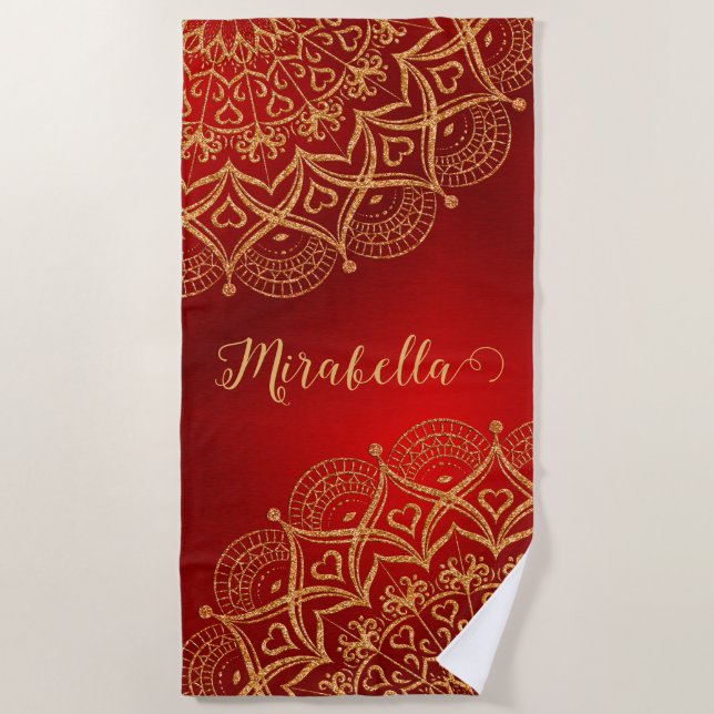 Toalha De Praia Elegante Vermelho e Dourado Mandala Monograma (Frente)