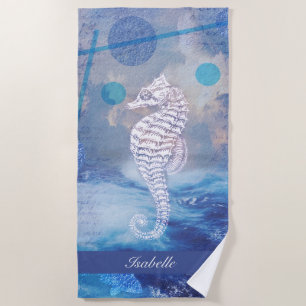 Toalha De Praia Elegante Vintage Cavalo Azul Oceano Azul Nome das