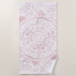 Toalha De Praia Elegante White Rose Dourada Olho Sol Lua Mandala