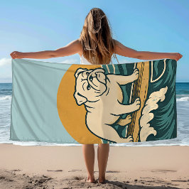 Toalha De Praia Entre no Quadro Surfista Cachorro Retro Bulldog Su