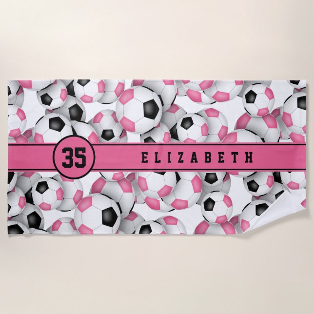 Toalha De Praia Espetáculo das bolas de futebol preto-rosa (Frente)