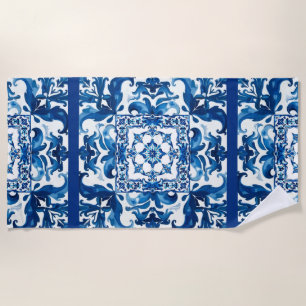 Toalha De Praia estilo italiano,Mediterrâneo,mosaico,azul,
