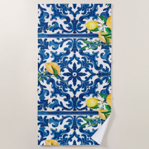 Toalha De Praia estilo italiano,Mediterrâneo,mosaico,azul,limão