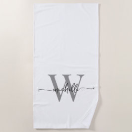Toalha De Praia Estilo Moderno Nome Cinza Branco Monograma Script