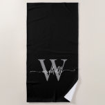 Toalha De Praia Estilo Moderno Nome Monograma Cinza Preto Script<br><div class="desc">Toalha de praia de verão personalizada com monograma feminino moderno e elegante em preto e cinza com nome inicial personalizado em letra manuscrita. Apresenta um primeiro nome em uma fonte tipográfica de cauda swash com estilo de letra manuscrita bonita (ou caligrafia) com monograma inicial em cinza e branco sobre preto....</div>