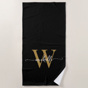 Toalha De Praia Estilo Moderno Nome Monograma Dourado Preto Script
