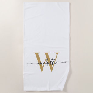 Toalha De Praia Estilo Moderno Nome Monograma Script Dourado Branc