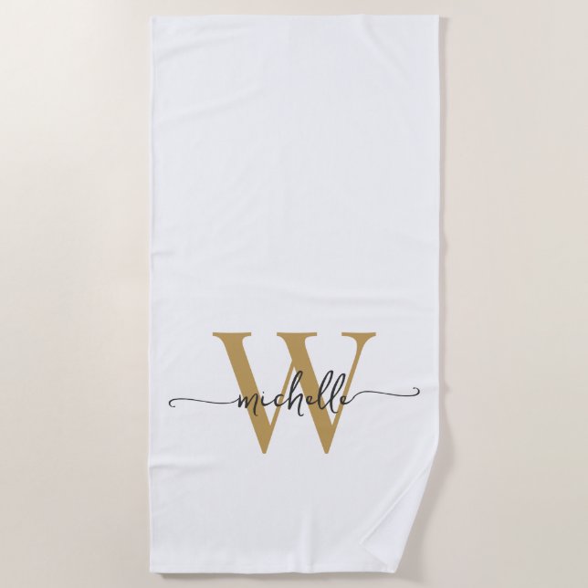 Toalha De Praia Estilo Moderno Nome Monograma Script Dourado Branc (Frente)