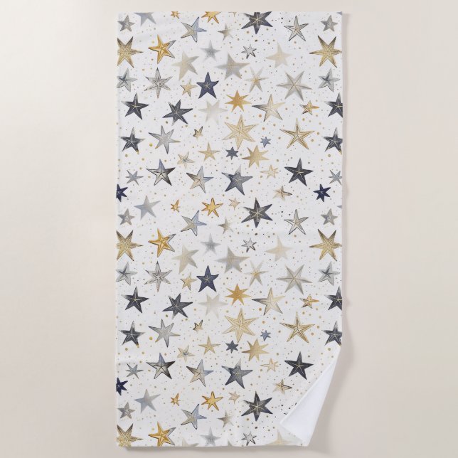 Toalha De Praia Estrelas Azuis Prata Dourado (Frente)