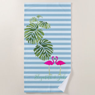 Toalha De Praia Exótico Tropical, Listrado, Flamingos-Personalizad