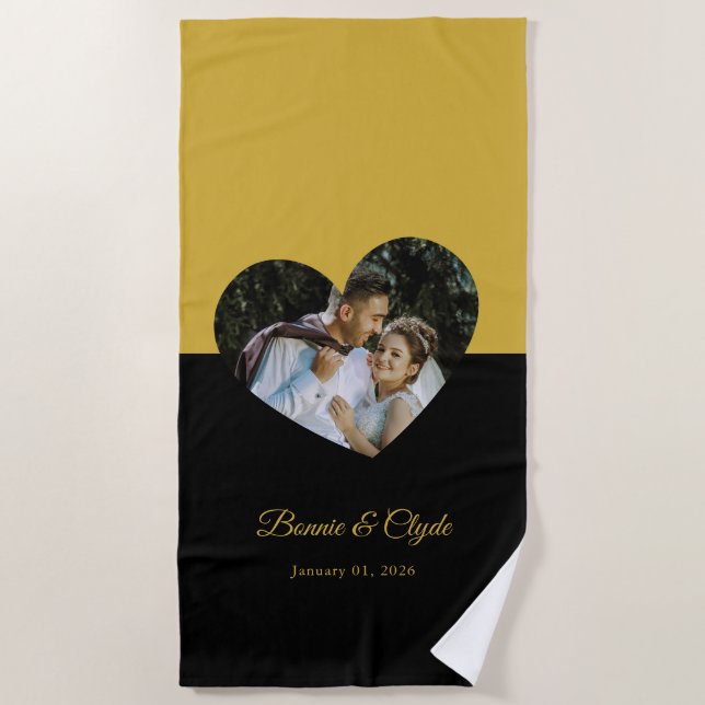 Toalha De Praia Eye-casing Heart Couple Gold and Black (Frente)