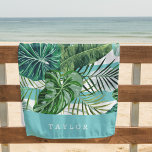 Toalha De Praia Faixa Botânica Tropical Personalizada<br><div class="desc">Adicione talento tropical à sua praia ou piscina dias com esta legal toalha de praia botânica impressa em tons de praia de verde, turquesa e branco. Design apresenta um padrão de folhas verdes de bananas, monstera e frondes de palma sobre o aqua e listras brancas. Personalize com um nome individual,...</div>