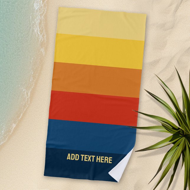 Toalha De Praia Faixa Sunset Retroativa com Nome de Serie de Sans  (Personalized Beach Towel with Sunset Retro Stripes and Text)