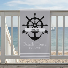 Toalha De Praia Faixas de listras brancas personalizadas e âncora