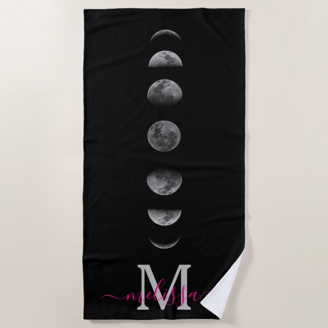 Toalha De Praia Fases da Lua Lunar | Nome Personalizado Celestial (Frente)