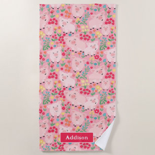 Toalha De Praia Fazenda De Suínos Rústica Floral Personalizada