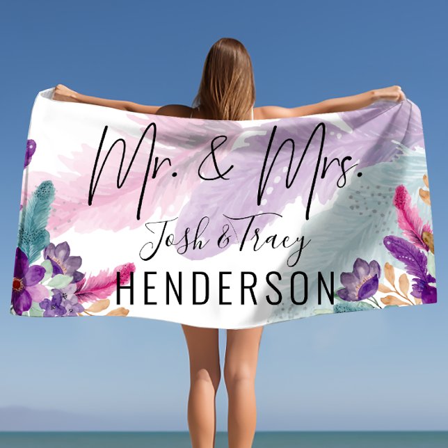 Toalha De Praia Feather & Flowers Sr. e Sra. Casamento Personaliza (Feather & Flowers Mr and Mrs Personalized Wedding Beach Towel)