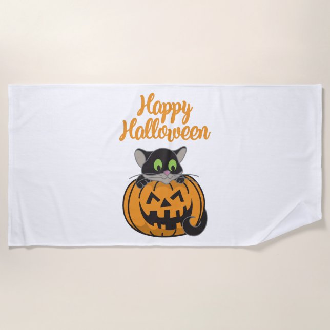 Toalha De Praia Feliz Halloween Cat Pumpkin (Frente)