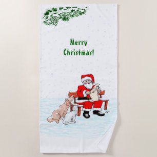 Toalha De Praia Feliz Natal! Papai Noel com Gato e Cão
