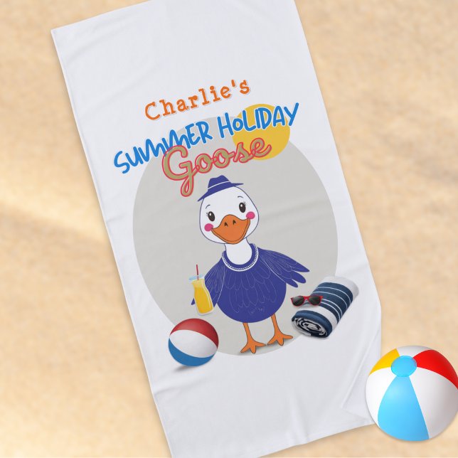 Toalha De Praia Feriado de Verão, Gado Personalizado (A fun, colorful beach towel with summer holiday goose design, personalized with a name)