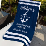 Toalha De Praia Festa de Despedida de Solteira Personalizada Tema<br><div class="desc">Toalha de praia personalizada para fim de semana de despedida de solteira com tema náutico apresenta um design de âncora de barco e listras em estilo costeiro com texto personalizado que pode ser customizado com o nome da noiva e o destino e data da viagem. Esquema de cores clássico em...</div>