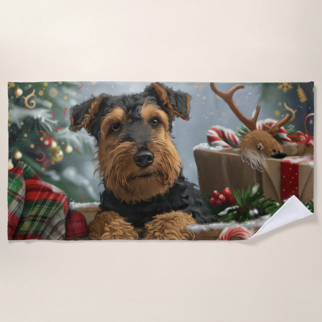 Toalha De Praia Festa de Natal do Cão Airedale (Frente)