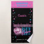Toalha De Praia Festa de solteira de esfera Neon Look Disco, retro<br><div class="desc">Faça uma viagem de volta aos anos 70 e festas no lado selvagem com esta bola retrorreflectora de discoteca "Bem-vindo" ao design de "Bachelorette Disco Party" rosa, azul elétrico e incluindo texto rosa e prateado com estrelas de tom rosa, azul e prateado (não folha de alumínio) — tudo sobre fundo...</div>