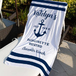 Toalha De Praia Festa de Solteira Personalizada Tema Náutico Casam<br><div class="desc">Toalha de praia personalizada para fim de semana de despedida de solteira com tema náutico apresenta um design de âncora de barco e listras em estilo costeiro com texto personalizado que pode ser customizado com o nome da noiva e o destino e data da viagem. Esquema de cores clássico em...</div>