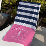 Toalha De Praia Fim de Semana de Bachelorette Personalizado Rosa e<br><div class="desc">Celebre seu fim de semana de solteira, saia ou festejo com essas toalhas de praia personalizadas únicas. Design personalizado apresenta faixas náuticas azuis e brancas de marinho com o nome, o tipo de evento, o ano e o destino da noiva, refletindo uma ilustração da silhueta de abacaxi branco sobre um...</div>