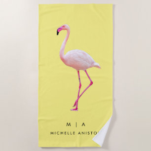 Toalha De Praia Flamingo Amarelo Elegante   Monograma Seco