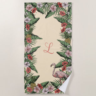 Toalha De Praia Flamingo e Hibiscus Monogramas, cor-de-rosa tropic