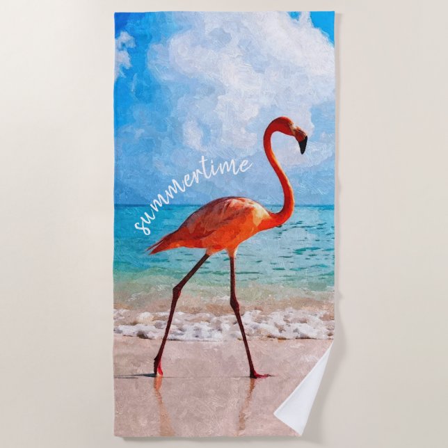 Toalha De Praia Flamingo Elegante Personalizado Na Arte De Aquarel (Frente)