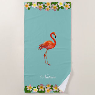 Toalha De Praia Flamingo & Flores de Plumeria em Turquesa