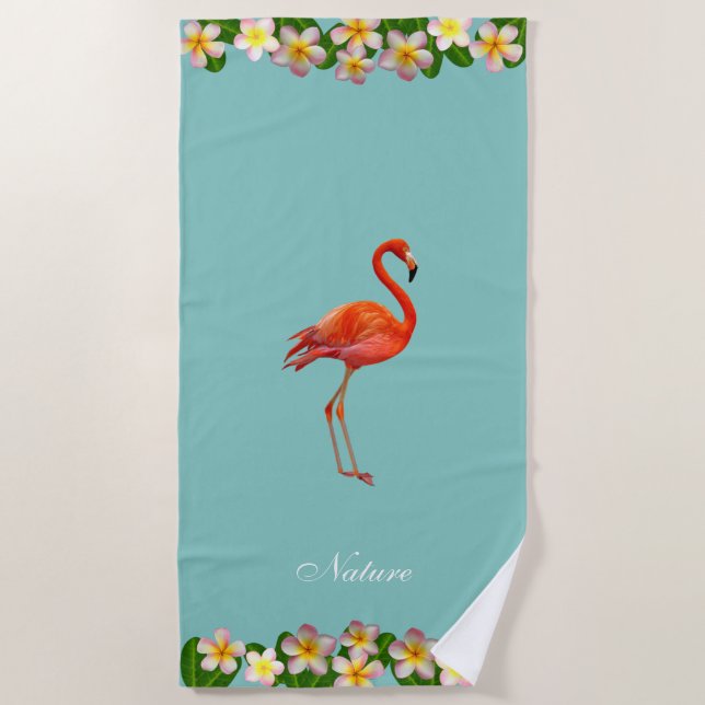 Toalha De Praia Flamingo & Flores de Plumeria em Turquesa (Frente)