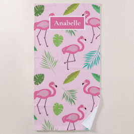Toalha De Praia Flamingo rosa e folhas tropicais personalizados 