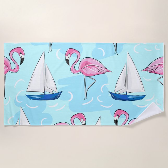 Toalha De Praia Flamingo Sailboat Preppy (Frente)