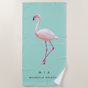 Toalha De Praia Flamingo verde-rosa-elegante Monograma Seco