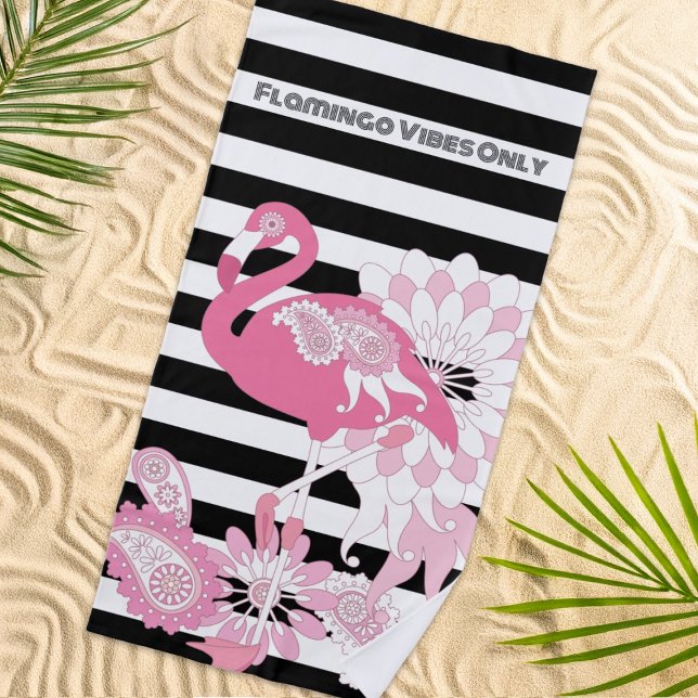 Toalha De Praia Flamingo Vibes Apenas Black & White Stripes Flamin (Criador carregado)