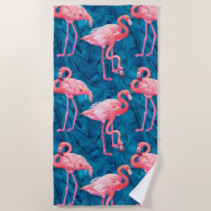 Toalha De Praia Flamingos em folhas de bananas azuis