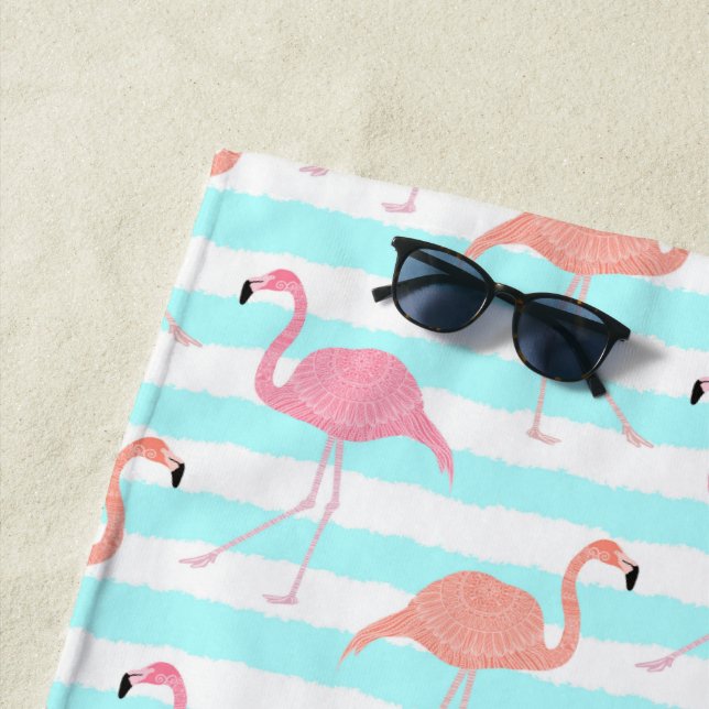 Toalha De Praia Flamingos em Listras Azuis (In Situ)