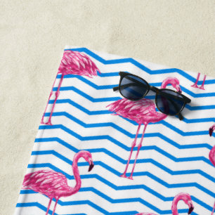 Toalha De Praia Flamingos Rosa Chevron Azul Abstrato Monogramado