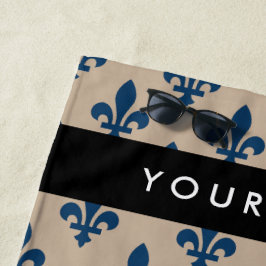 Toalha De Praia Fleur de Lis, Navy Blue on Beige, Royal, Your Name