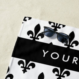 Toalha De Praia Fleur de Lis, Preto sobre Branco, Preto, Seu Nome