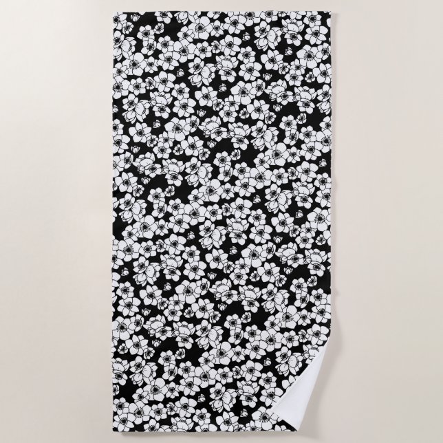 Toalha De Praia Flor Anêmone Preto e Branco (Frente)