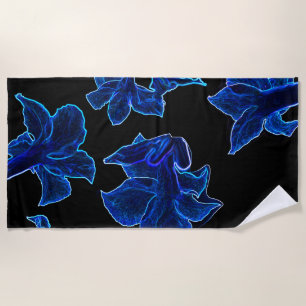 Toalha De Praia Flor Azul Neon Estilizado Floral