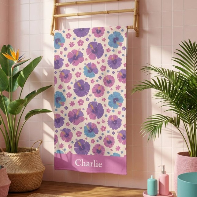 Toalha De Praia Flor de Hibisco Rosa Personalizada (Criador carregado)
