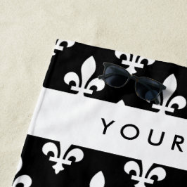 Toalha De Praia Flor de Lis, Branco sobre Preto, Branco, Seu Nome