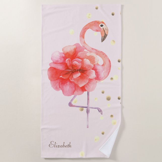 Toalha De Praia Flor Flamingo Rosa, Confetti Dourado (Frente)